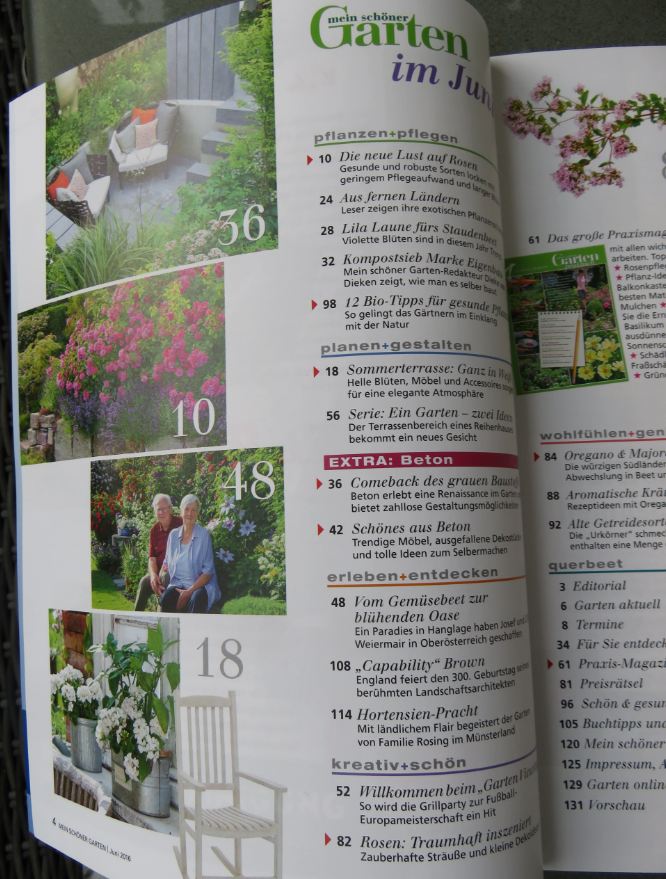 Inhaltsverzeichnis der Juni 2016 Ausgabe von "Mein schöner Garten" 