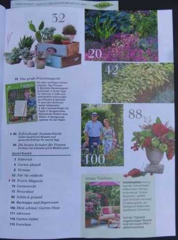 Inhaltsangabe Seite 2 der Zeitschrift "mein schöner Garten" Juli 2016